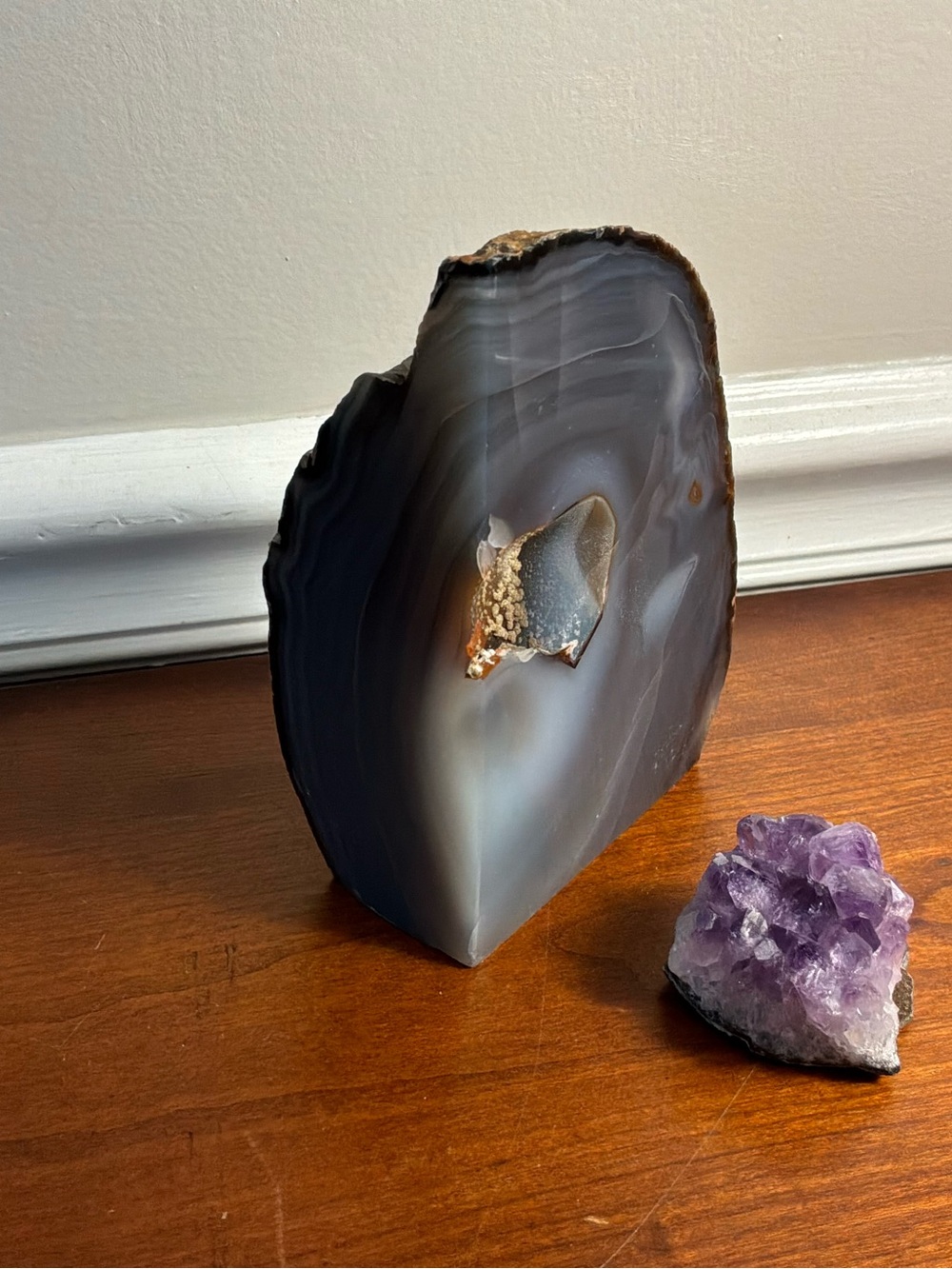 Gray /Purple Agate Geode Decorative Sculpture with Natural Crystal Core